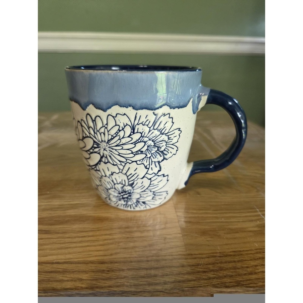 La Rochelle Artisan French Art Deco Mug Blue Drip Glaze Floral 16oz Coffee Cup